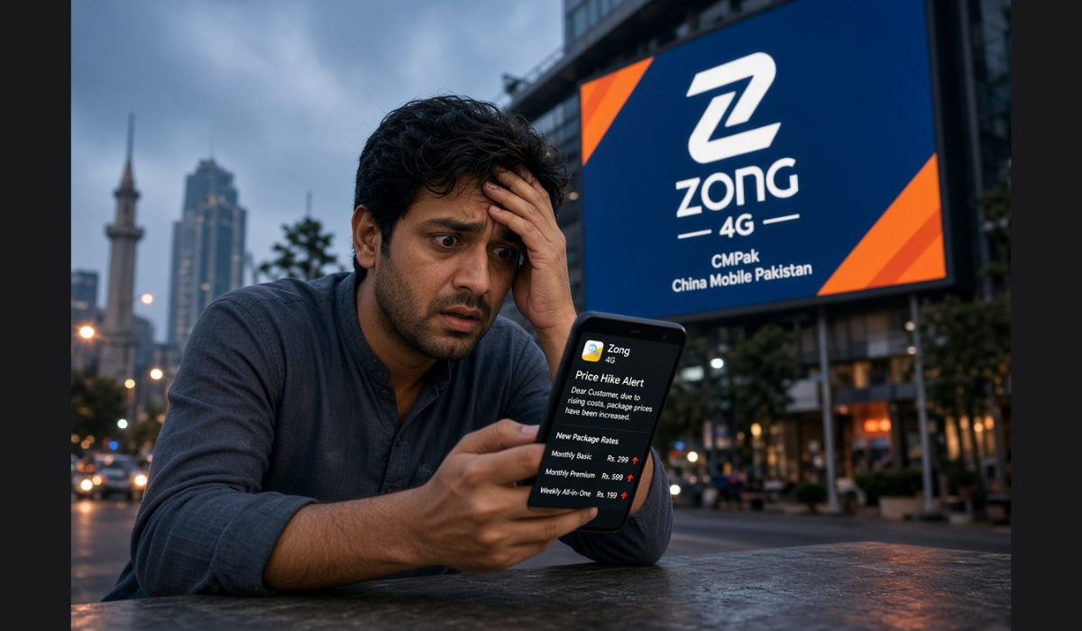 Pakistani mobile user checking rising Zong bundle prices on smartphone after price hike